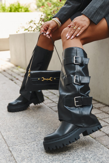 Botas altas acolchadas para mujer con hebillas plateadas color negro "Isavine"