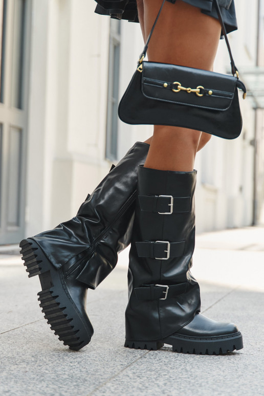 Botas altas acolchadas para mujer con hebillas plateadas color negro "Isavine"