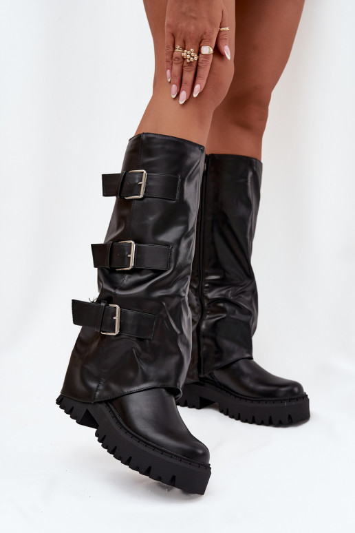 Botas altas acolchadas para mujer con hebillas plateadas color negro "Isavine"