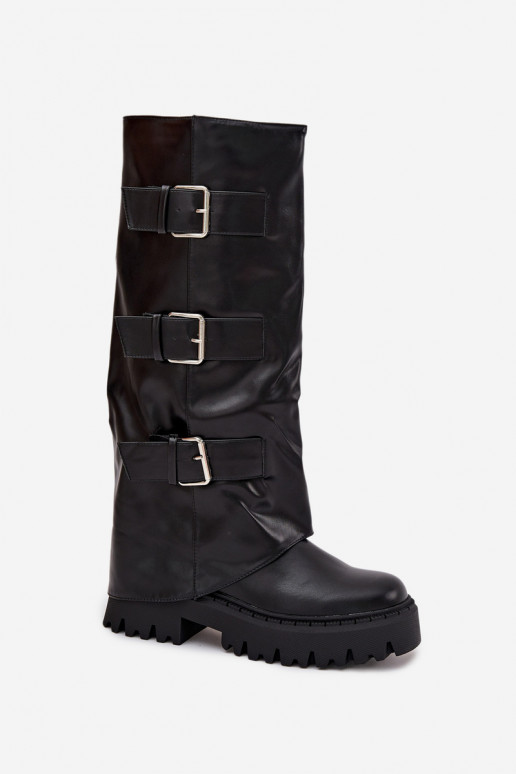 Botas altas acolchadas para mujer con hebillas plateadas color negro "Isavine"