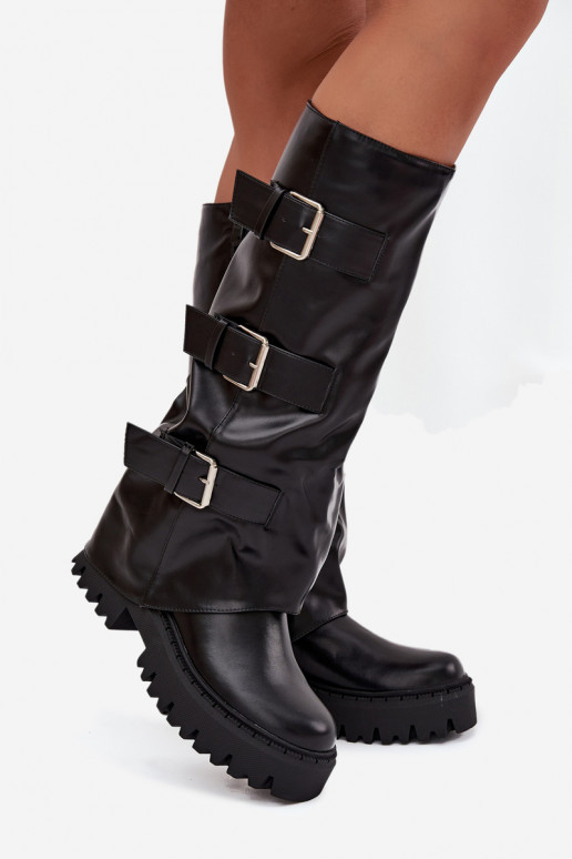 Botas altas acolchadas para mujer con hebillas plateadas color negro "Isavine"