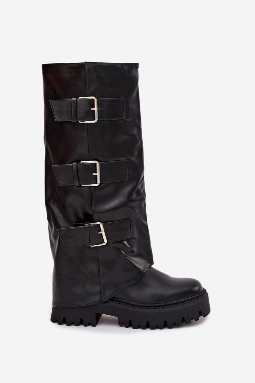 Botas altas acolchadas para mujer con hebillas plateadas color negro "Isavine"