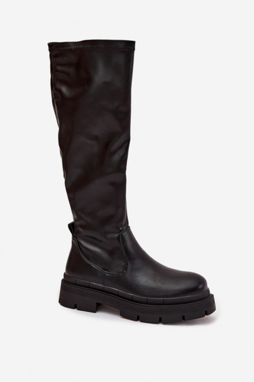 Botas largos de mujer con plataforma de cuero ecológico color negro Turirivelle