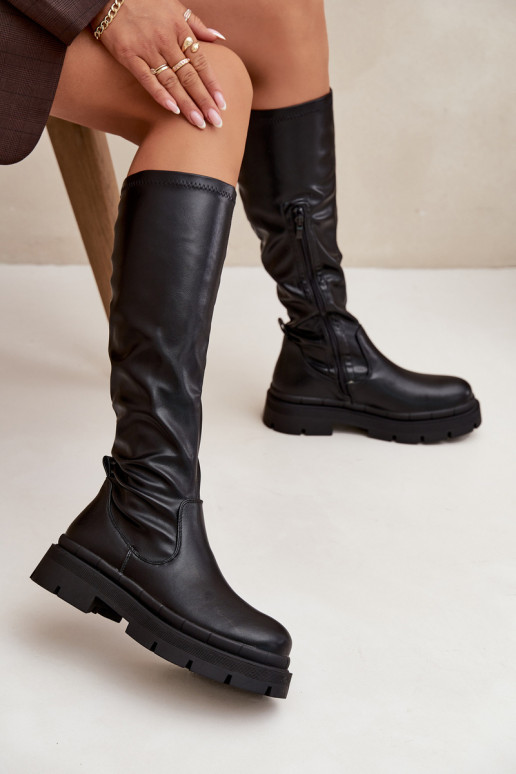 Botas largos de mujer con plataforma de cuero ecológico color negro Turirivelle