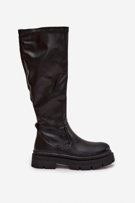 Botas largos de mujer con plataforma de cuero ecológico color negro Turirivelle