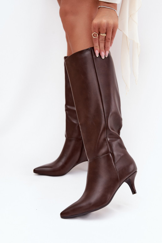 Botas largas para mujer de bajo tacón, forradas, de piel ecológica, color chocolate, Turircellia