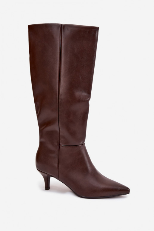 Botas largas para mujer de bajo tacón, forradas, de piel ecológica, color chocolate, Turircellia