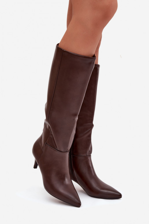 Botas largas para mujer de bajo tacón, forradas, de piel ecológica, color chocolate, Turircellia