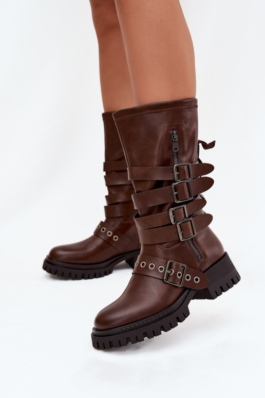Botas largas acolchadas marrones para mujer con cintas y hebillas "Ivaline" Botas largas acolchadas marrones para mujer con cintas y hebillas "Ivaline"