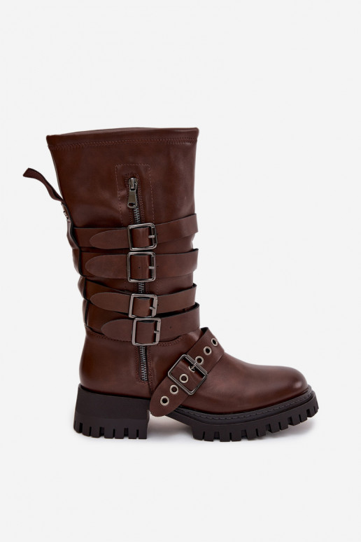 Botas largas acolchadas marrones para mujer con cintas y hebillas "Ivaline" Botas largas acolchadas marrones para mujer con cintas y hebillas "Ivaline"
