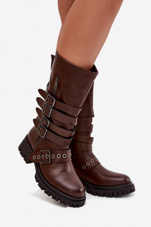 Botas largas acolchadas marrones para mujer con cintas y hebillas "Ivaline" Botas largas acolchadas marrones para mujer con cintas y hebillas "Ivaline"
