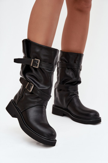 Arrugado botas de mujer Do PołoAy Łyski con rayas I con hebillasmi de color negro Halvessa 2
