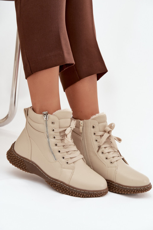 Botas de mujer calentamiento con pelo dentro de cuero ecológico beige Ulverina