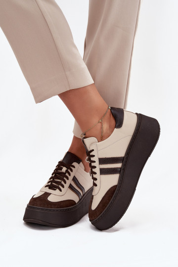 Piel Zapatillas modelo zapatos. Femenino con una plataforma Zazoo 3775 beige-CzekoladoAe