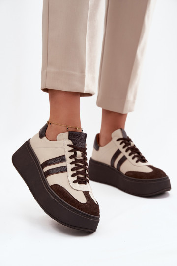 Piel Zapatillas modelo zapatos. Femenino con una plataforma Zazoo 3775 beige-CzekoladoAe 2