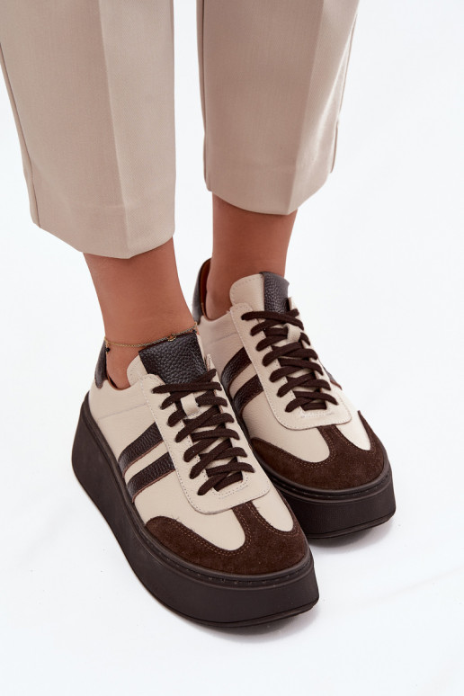 Piel Zapatillas modelo zapatos. Femenino con una plataforma Zazoo 3775 beige-CzekoladoAe