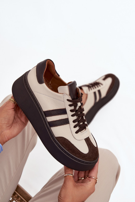 Piel Zapatillas modelo zapatos. Femenino con una plataforma Zazoo 3775 beige-CzekoladoAe