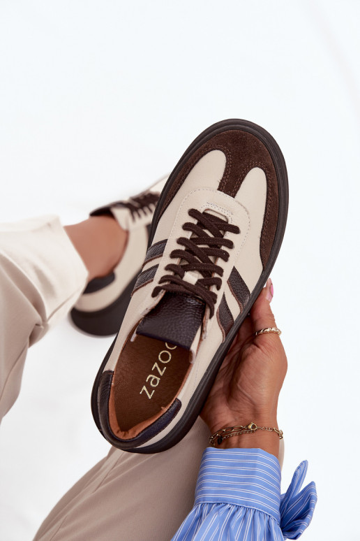 Piel Zapatillas modelo zapatos. Femenino con una plataforma Zazoo 3775 beige-CzekoladoAe