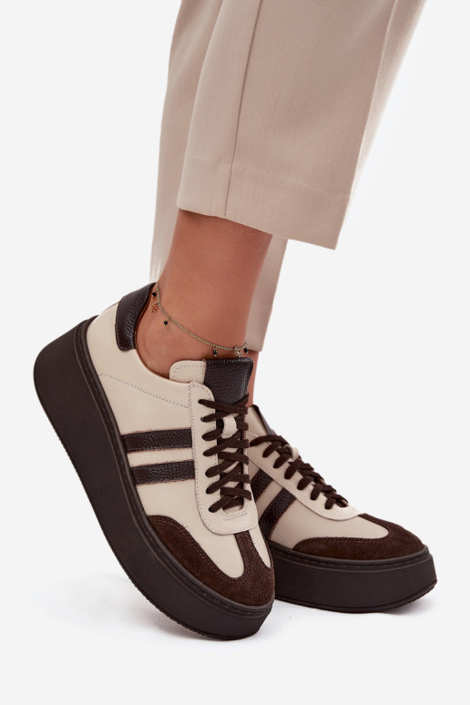 Piel Zapatillas modelo zapatos. Femenino con una plataforma Zazoo 3775 beige-CzekoladoAe