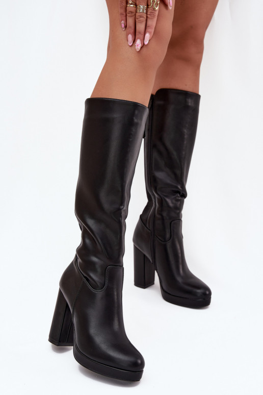 Botas altas hasta la rodilla para mujer con tacones, de cuero ecológico, color negro Thalina