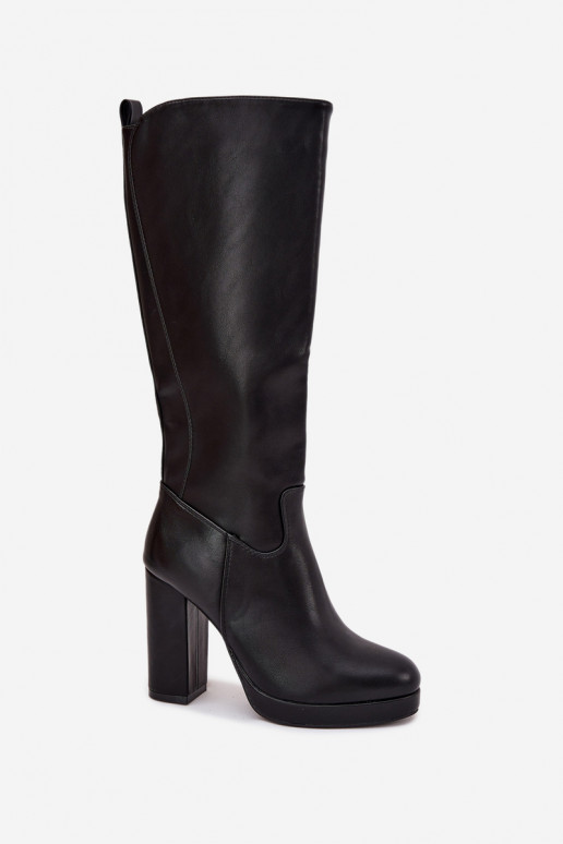 Botas altas hasta la rodilla para mujer con tacones, de cuero ecológico, color negro Thalina