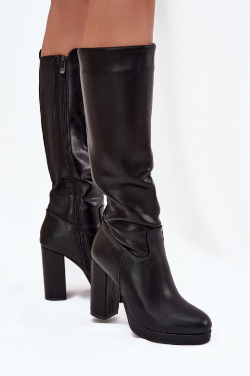 Botas altas hasta la rodilla para mujer con tacones, de cuero ecológico, color negro Thalina