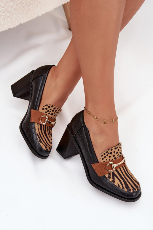 Zapatos de tacón para mujer con estampado y detalles dorados, color negro y arena, Novella Zapatos de tacón para mujer con estampado y detalles dorados, color negro y arena, Novella