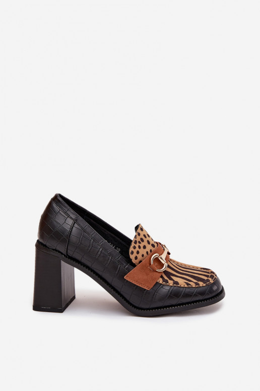 Zapatos de tacón para mujer con estampado y detalles dorados, color negro y arena, Novella Zapatos de tacón para mujer con estampado y detalles dorados, color negro y arena, Novella