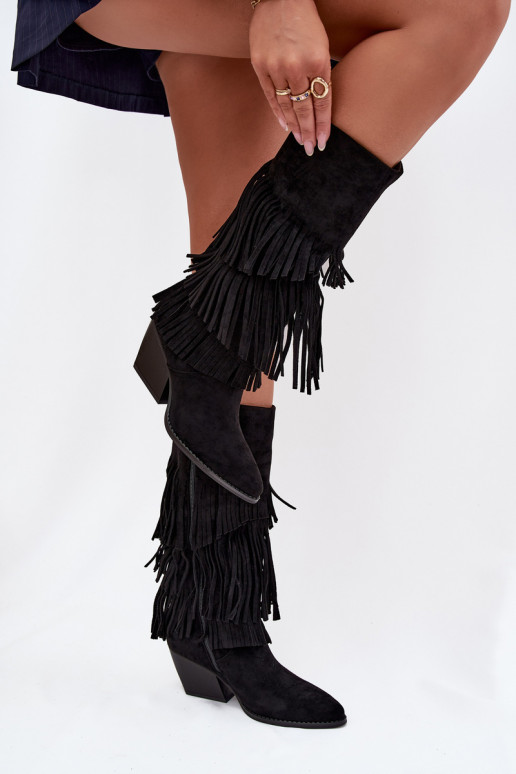 Botas largos de estilo vaquero con flecos, color negro, Brivina Botas largos de estilo vaquero con flecos, color negro, Brivina