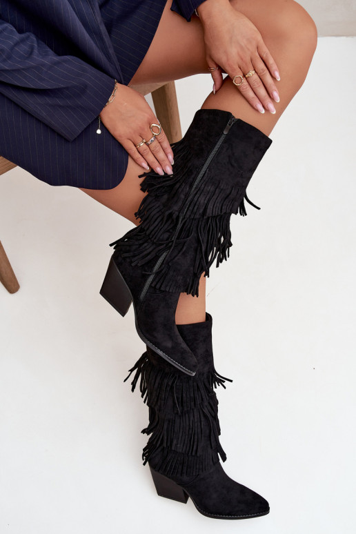 Botas largos de estilo vaquero con flecos, color negro, Brivina Botas largos de estilo vaquero con flecos, color negro, Brivina
