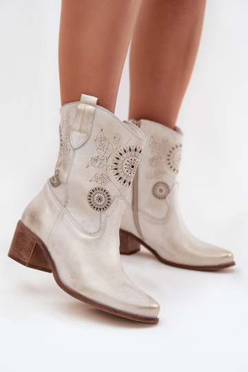 de gamuza Piel Botas de mujer con elementos calados con tacones Zazoo 3844 color dorado Przecierany 2