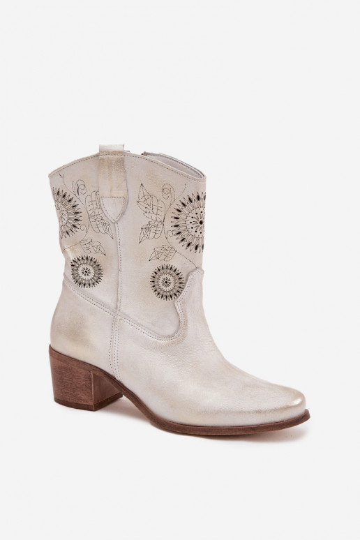 de gamuza Piel Botas de mujer con elementos calados con tacones Zazoo 3844 color dorado Przecierany