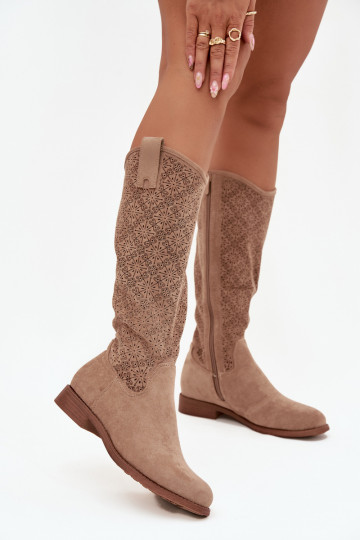 botas de mujer con elementos calados con tacones anchos S.Barski HY52-534 beige