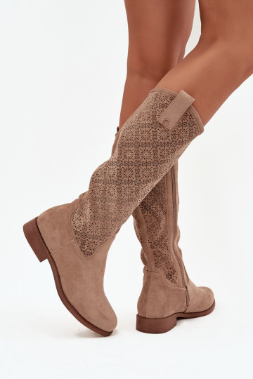 botas de mujer con elementos calados con tacones anchos S.Barski HY52-534 beige 2