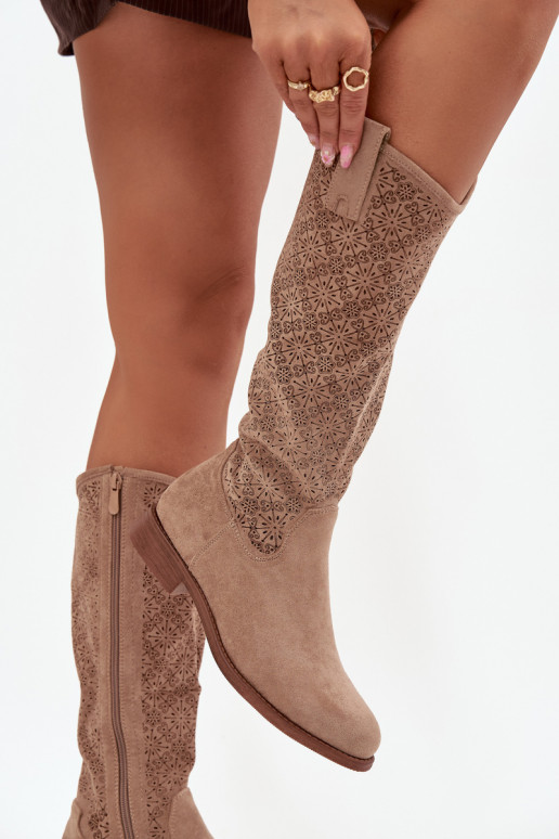 botas de mujer con elementos calados con tacones anchos S.Barski HY52-534 beige botas de mujer con elementos calados con tacones anchos S.Barski HY52-534 beige