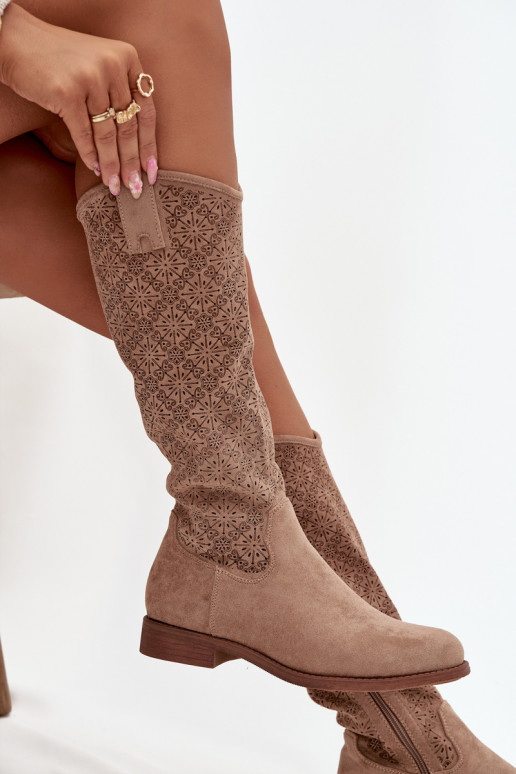 botas de mujer con elementos calados con tacones anchos S.Barski HY52-534 beige botas de mujer con elementos calados con tacones anchos S.Barski HY52-534 beige