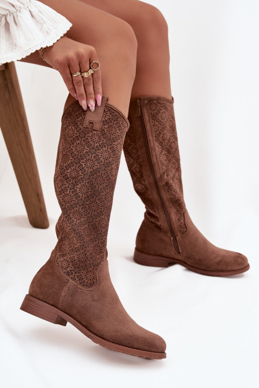 botas de mujer con elementos calados con tacones anchos S.Barski HY52-534 color marrón