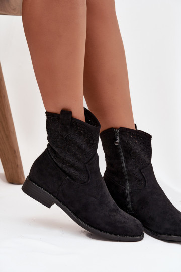 Botas de mujer con tacones anchos con elementos calados S.Barski HY52-530 de color negro