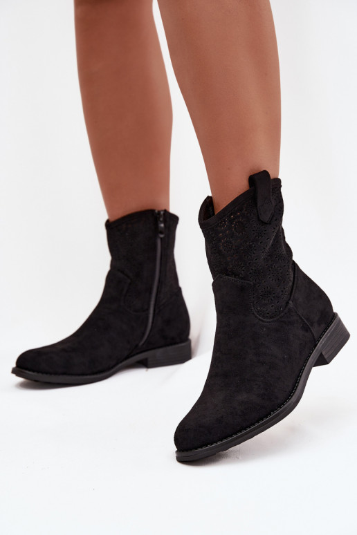 Botas de mujer con tacones anchos con elementos calados S.Barski HY52-530 de color negro