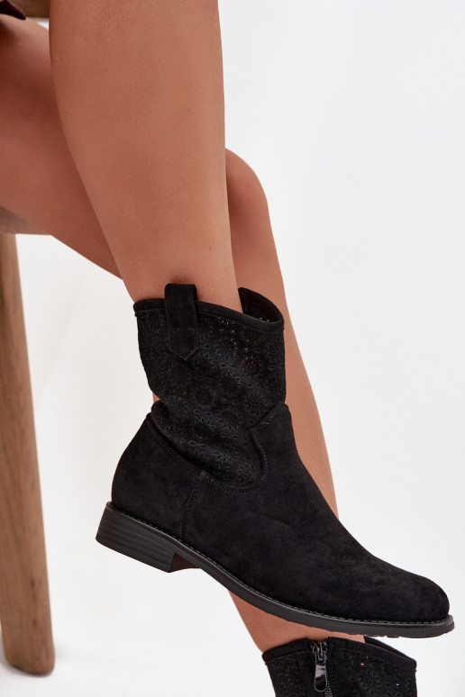 Botas de mujer con tacones anchos con elementos calados S.Barski HY52-530 de color negro