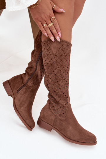 botas de mujer con tacones anchos con elementos calados S.Barski HY52-531 color marrón