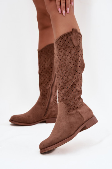 botas de mujer con tacones anchos con elementos calados S.Barski HY52-531 color marrón 2