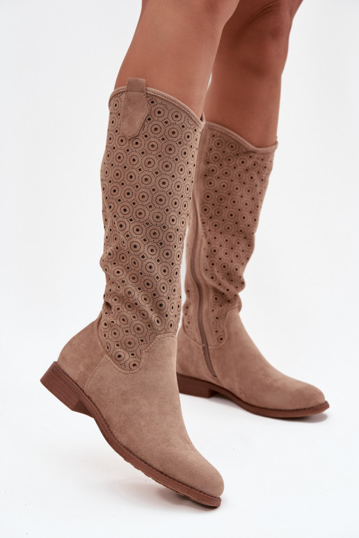 botas de mujer con tacones anchos con elementos calados S.Barski HY52-531 beige