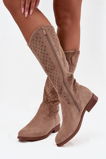 botas de mujer con tacones anchos con elementos calados S.Barski HY52-531 beige 2
