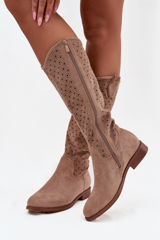 botas de mujer con tacones anchos con elementos calados S.Barski HY52-531 beige
