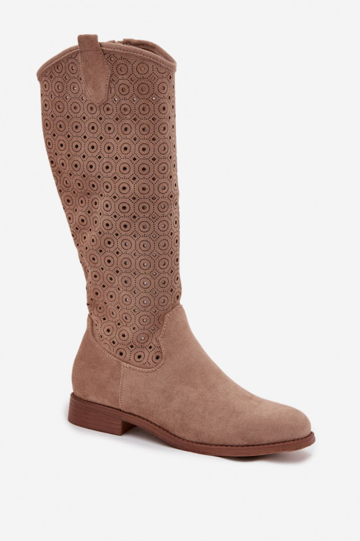 botas de mujer con tacones anchos con elementos calados S.Barski HY52-531 beige