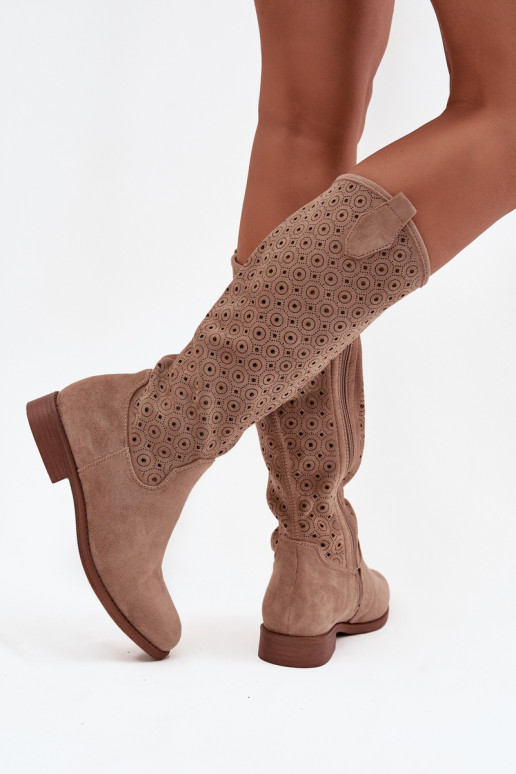 botas de mujer con tacones anchos con elementos calados S.Barski HY52-531 beige