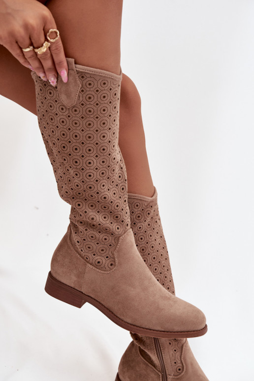botas de mujer con tacones anchos con elementos calados S.Barski HY52-531 beige
