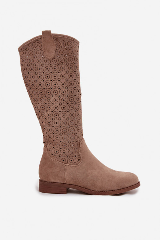 botas de mujer con tacones anchos con elementos calados S.Barski HY52-531 beige