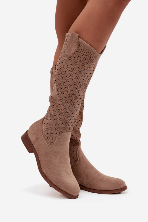 botas de mujer con tacones anchos con elementos calados S.Barski HY52-531 beige